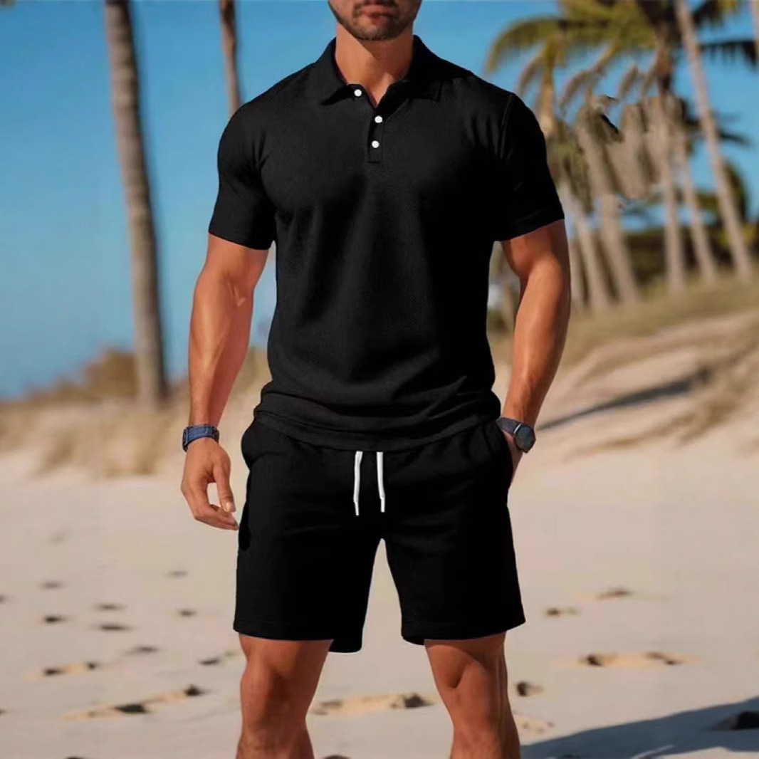 跨境外贸夏季新款男士POLO衫套装休闲运动百搭修身短袖时尚套装男