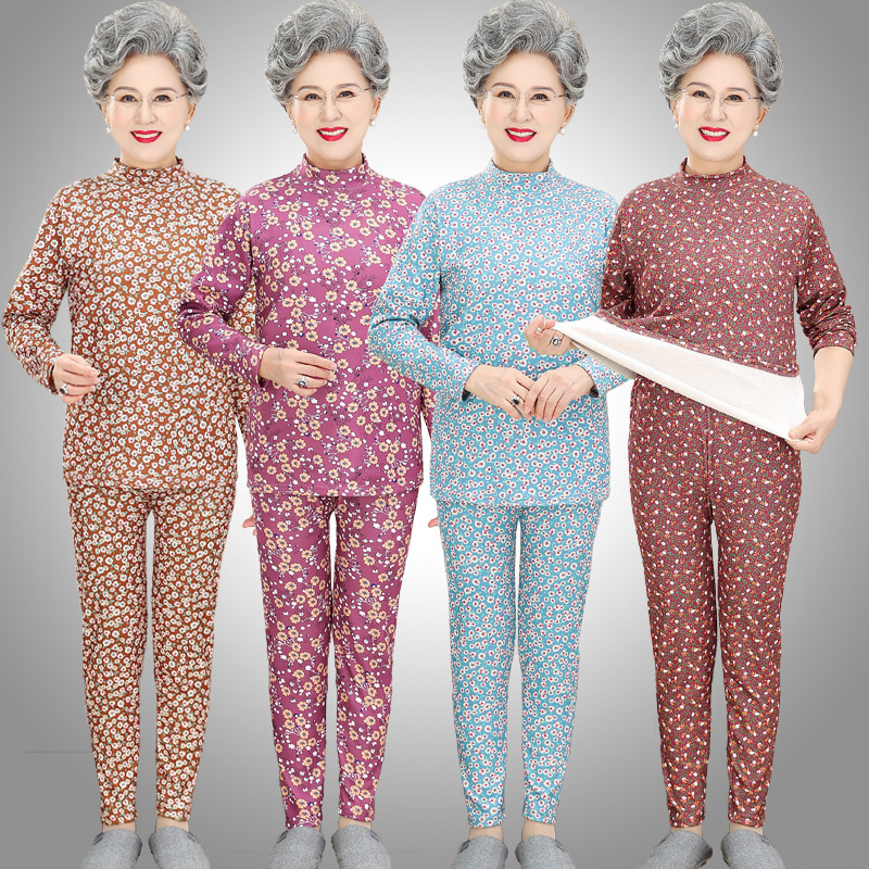 奶奶装保暖内衣妈妈羊毛蚕丝德绒秋冬中老年女士秋衣秋裤打底套装